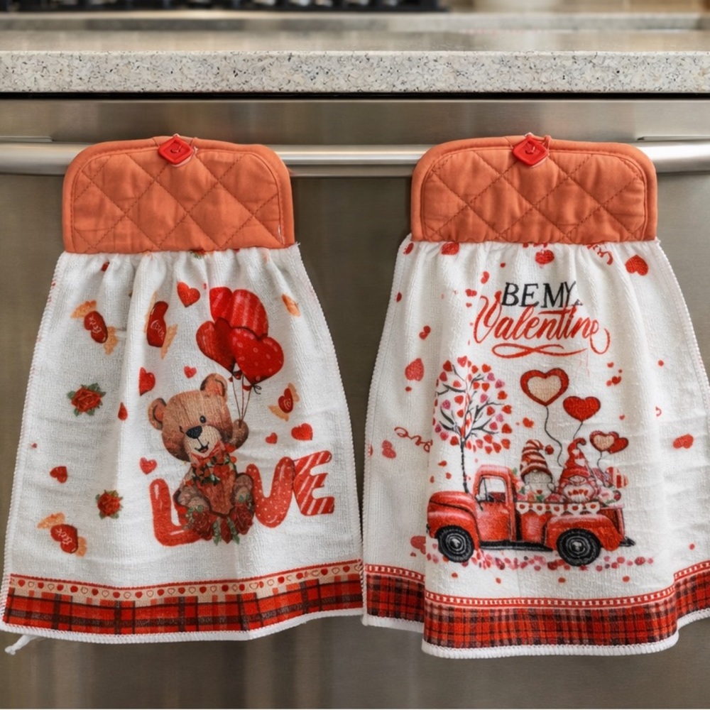 Hand made Valentine's Day Kitchen Towels with Bear and Truck Design